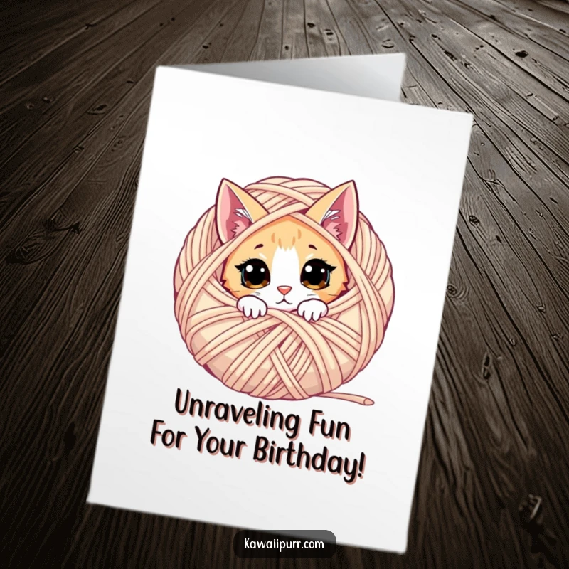 Funny Free Printable Birthday Card: A cat peeks from behind a giant yarn ball, full of mischief and birthday cheer.