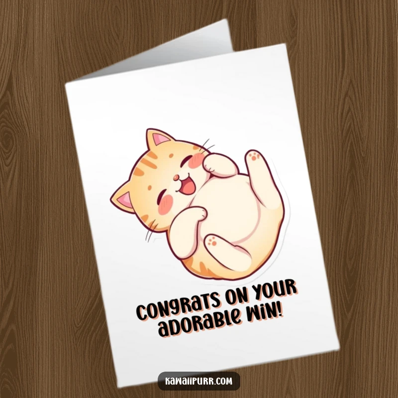 Funny Free Printable Congratulations Card: Playful cat rolling on its back, inviting belly rubs, a humorous way to say congrats.