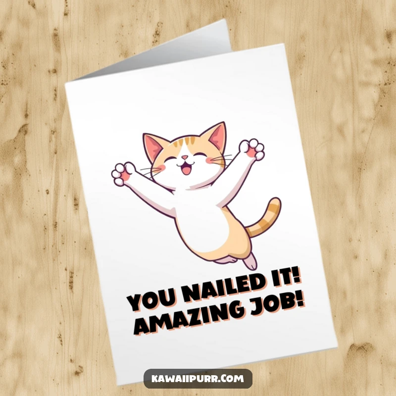 Funny Free Printable Congratulations Card: Energetic cat executing a graceful leap, paws outstretched, celebrating success, downloadable.