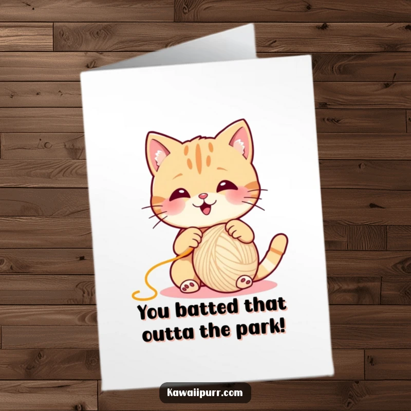 Funny Free Printable Congrats Card: Cat chasing yarn excitedly, a chaotic and celebratory DIY greeting.