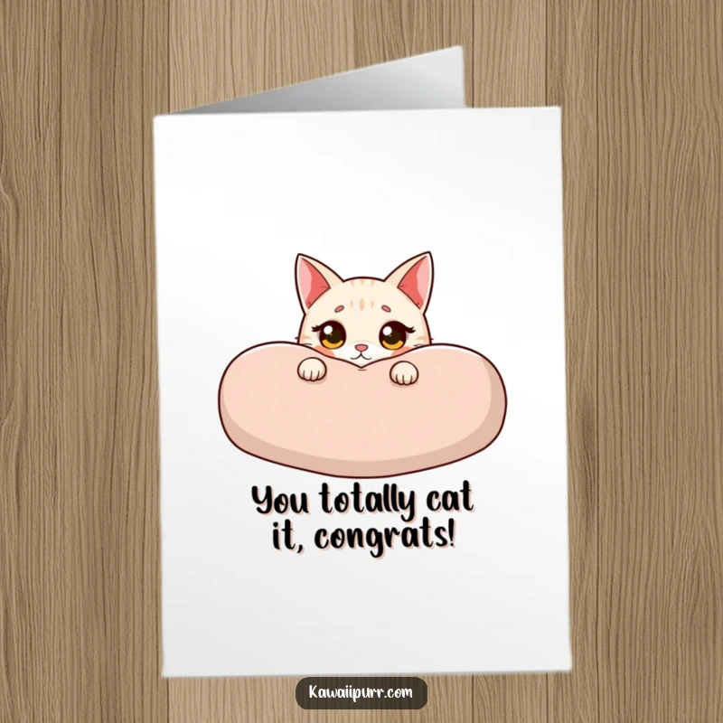 Funny Free Printable Congrats Card: Innocent cat peeking from cushion, wide eyes, slight blush, a cute downloadable for congratulations.