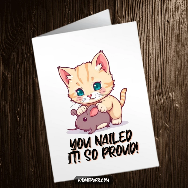 Funny Free Printable Congratulations Card: A jubilant kitten pounces enthusiastically, celebrating a momentous occasion with playful energy.