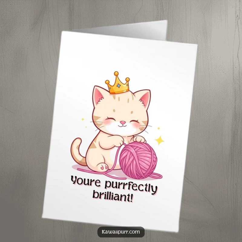 Funny Free Printable Congratulations Card: Majestic cat in crown joyfully bats yarn, celebrating success with glee.