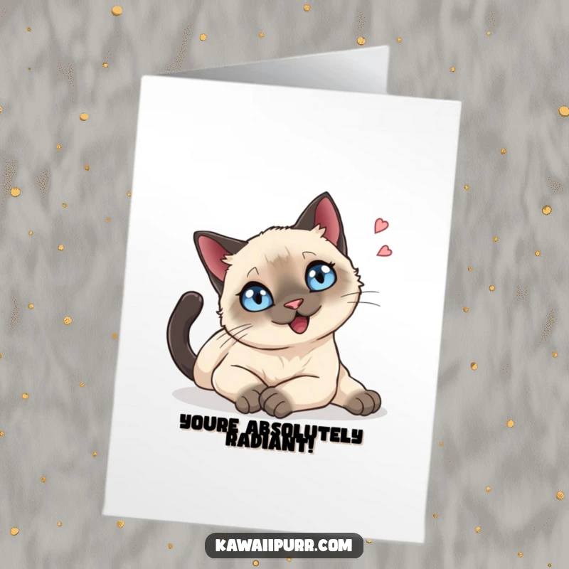 Funny Free Printable Congratulations Card: A languid Siamese cat with sparkling blue eyes stretches, releasing a happy sigh.