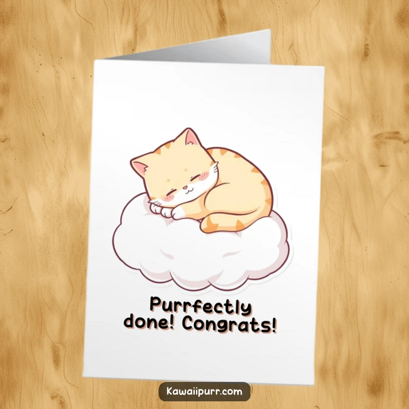 Funny Free Printable Congrats Card: Sleepy cat resting on a cloud, conveying peaceful congratulations with a gentle smile.