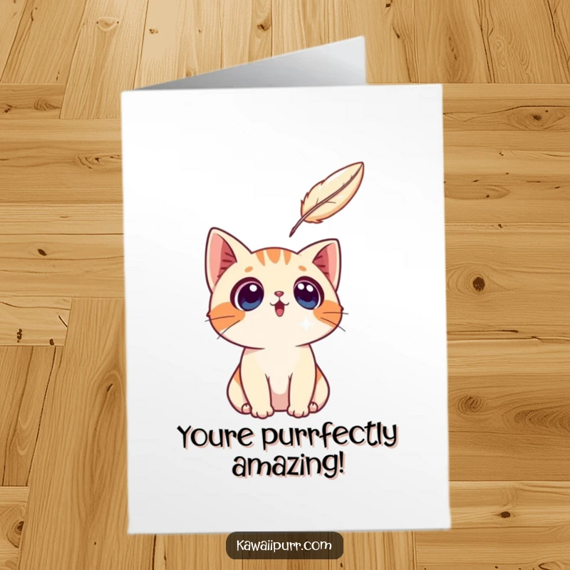 Funny Free Printable Congratulations Card: A surprised cat character marveling at a floating feather.