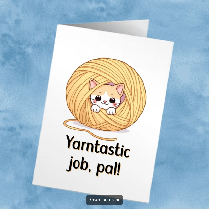 Funny Free Printable Congratulations Card: Cat peeks playfully from behind a huge yarn ball, celebrating achievements with cute curiosity.