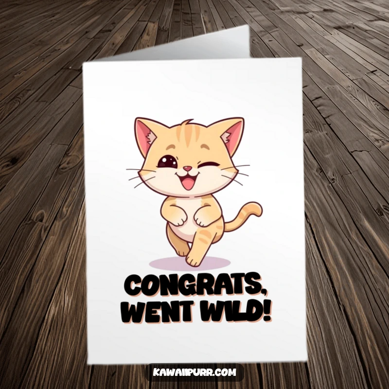Funny Free Printable Congratulations Card: Cat character chases tail in circles, grinning madly, symbolizing overwhelming celebratory excitement.