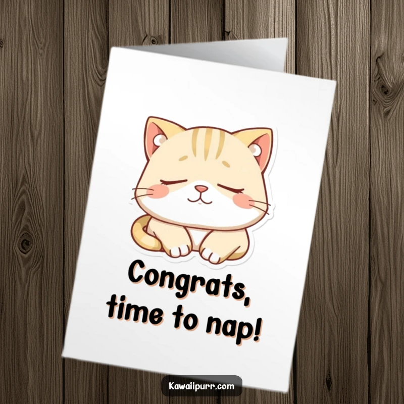 Funny Free Printable Congratulations Card: Sleepy cat smiles peacefully, dozing contentedly, symbolizing a well-deserved moment of rest and joy.