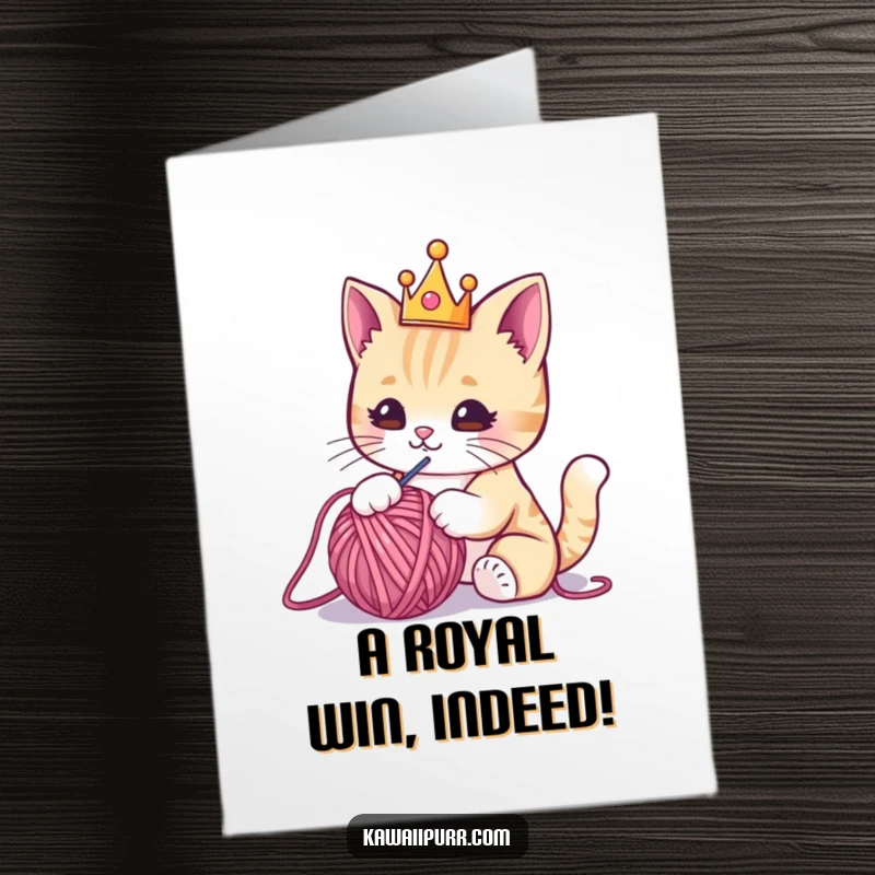 Funny Free Printable Congratulations Card: Kawaii cat dons a crown, joyfully swatting a yarn ball in celebration.