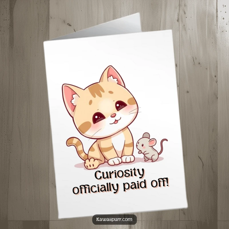 Funny Free Printable Congratulations Card: Cat with perked ears tilting head, investigating a small mouse toy.