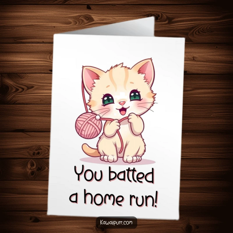 Funny Free Printable Congratulations Card: Kawaii kitten character joyfully batting at a dangling yarn ball, celebrating playful success.