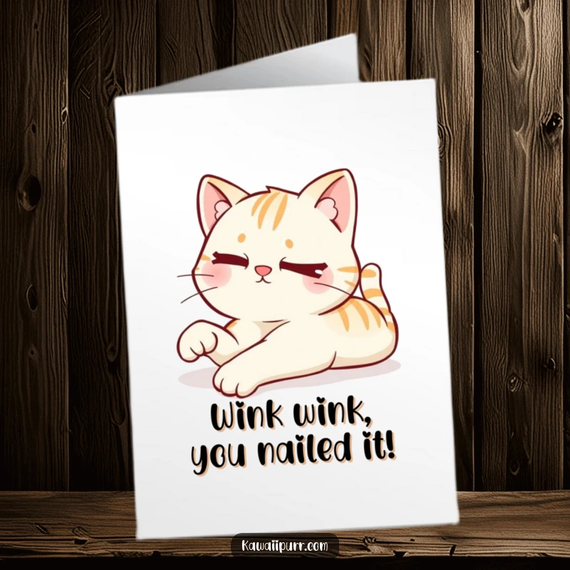 Funny Free Printable Congratulations Card: A stretching Kawaii cat winks suggestively after a playful, successful endeavor.