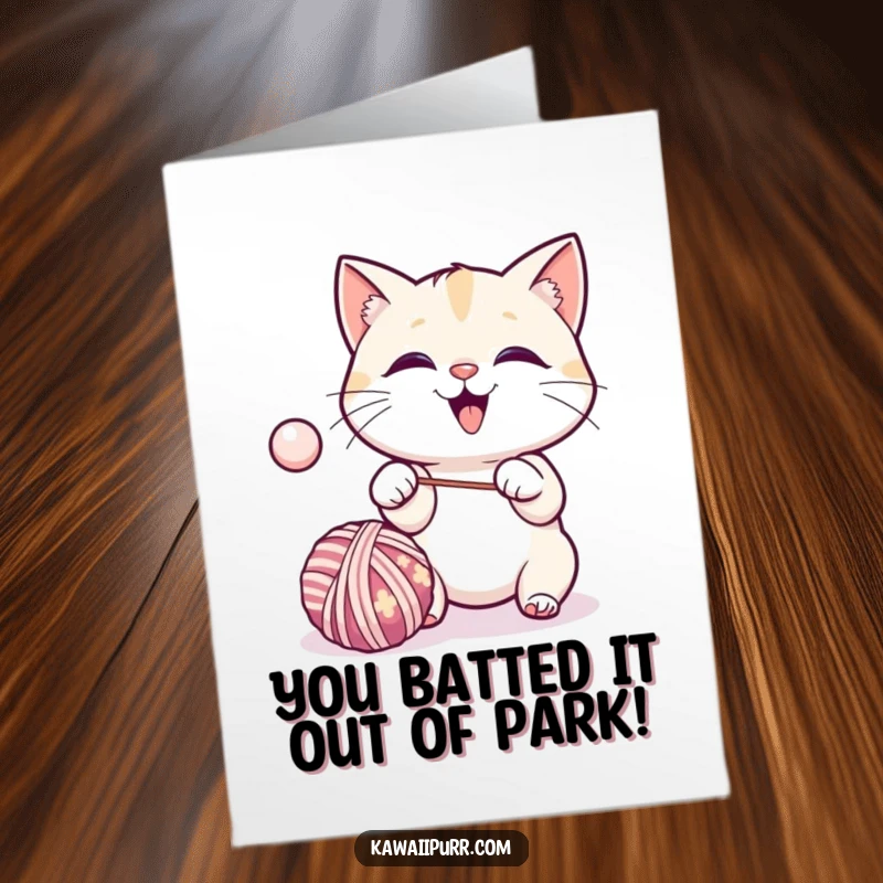 Funny Free Printable Congratulations Card: Kawaii cat enthusiastically batting a bouncing ball of yarn.