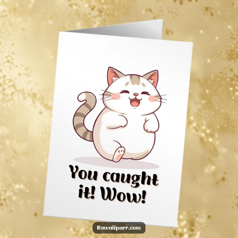 Funny Free Printable Congratulations Card: Plump cat spins in circles chasing its tail, looking delightfully bewildered.