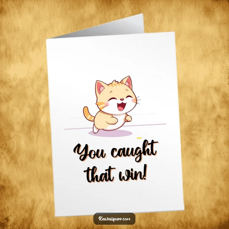 Funny Free Printable Congratulations Card: Cat giggling ecstatically while chasing a laser dot, symbolizing energetic pursuit and success.