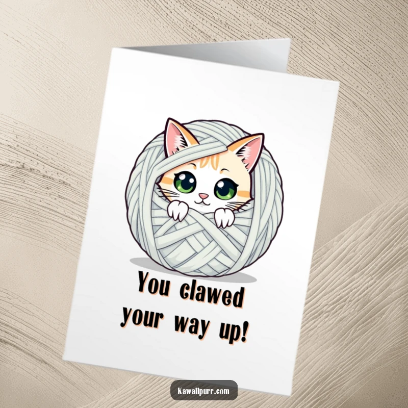 Funny Free Printable Congratulations Card: Cat character peeking with wide eyes from behind a giant ball of yarn, curious and celebratory.