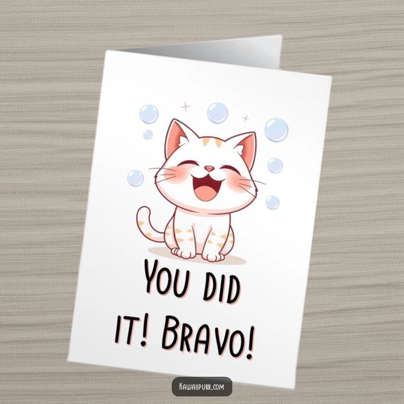 Funny Free Printable Congratulations Card: A cat character exploding with laughter, surrounded by floating bubbles of joy.