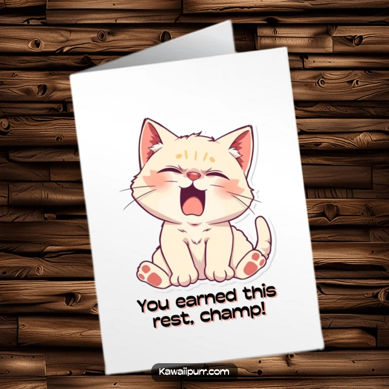 Funny Free Printable Congratulations Card with a kitten stretching lazily and yawning, conveying relaxed congratulations.