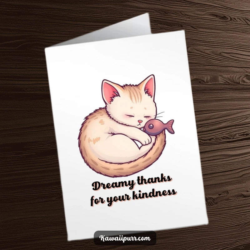 Funny Free Printable Thank You Card: A content kitten sleeping, dreaming of delicious fish, conveying warm thanks.