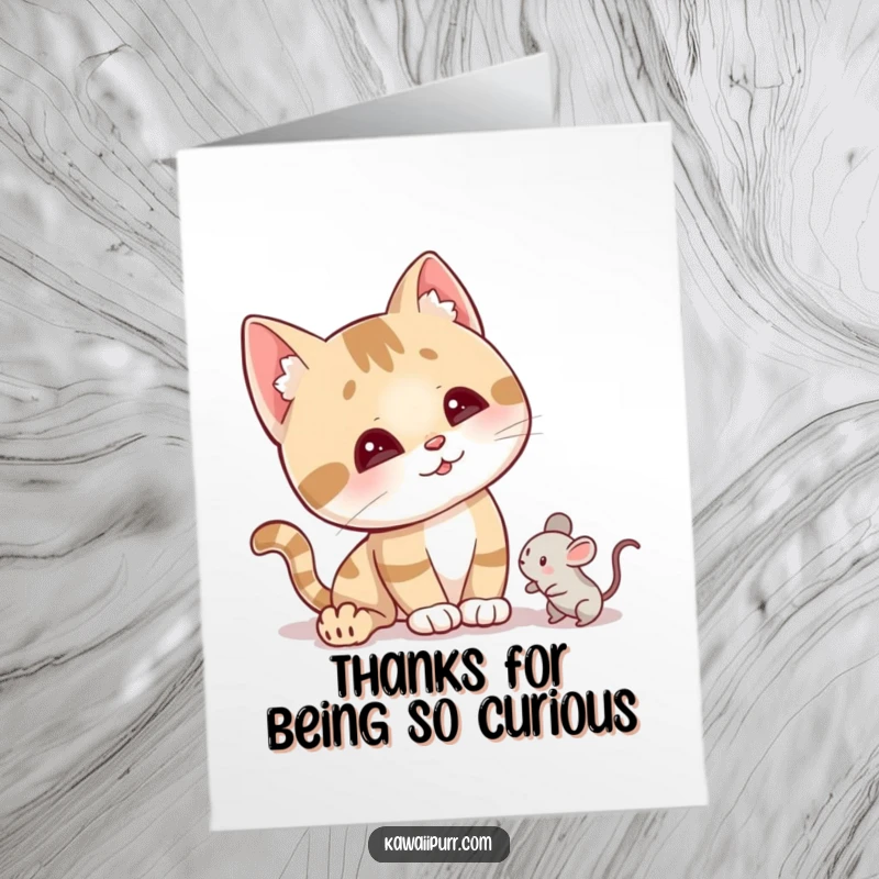 Funny Free Printable Thank You Card: Cat curiously tilting head, ears up, near a little mouse toy.