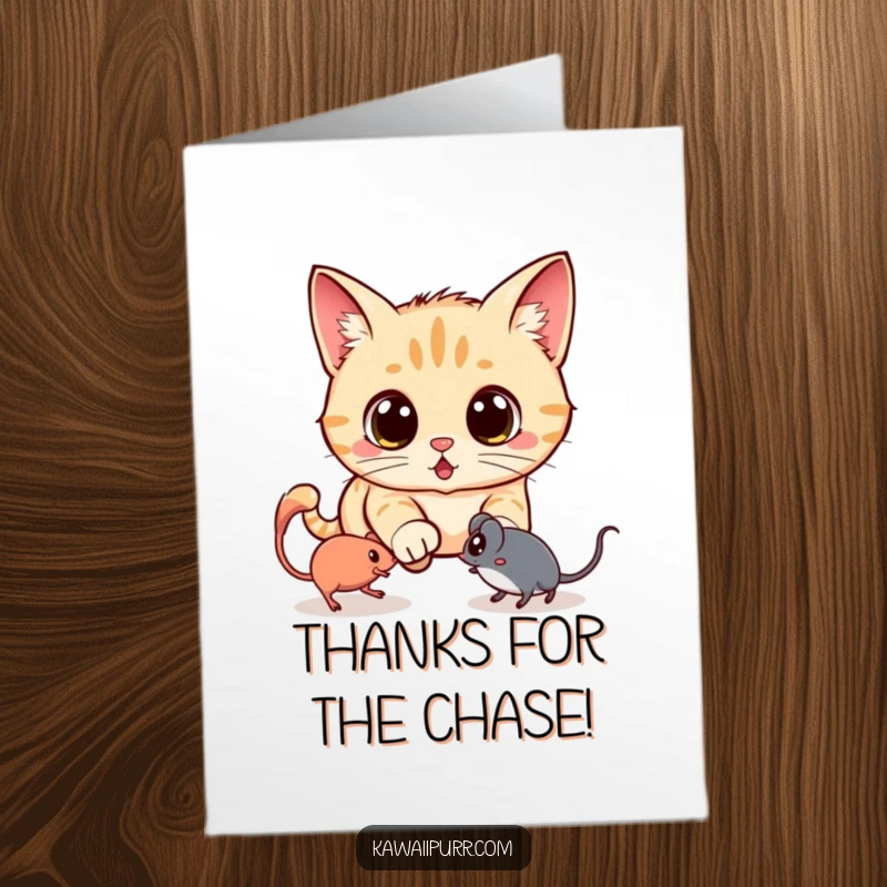 Funny Free Printable Thank You Card: Wide-eyed Kawaii cat in hot pursuit of a mischievous, translucent spectral mouse.