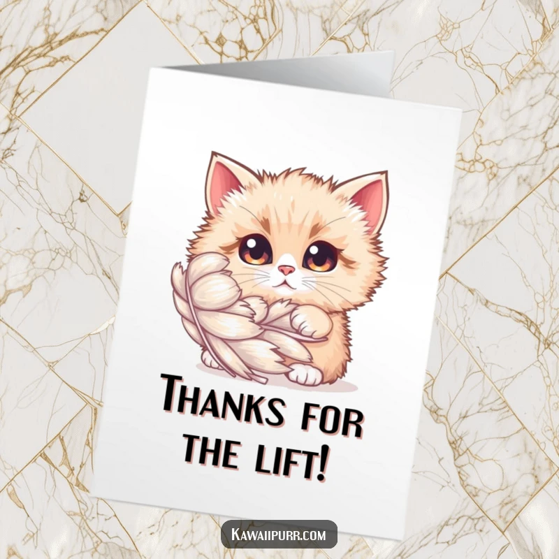 Funny Free Printable Thank You Card: A curious cat with big eyes peeks shyly from behind a large shimmering feather.
