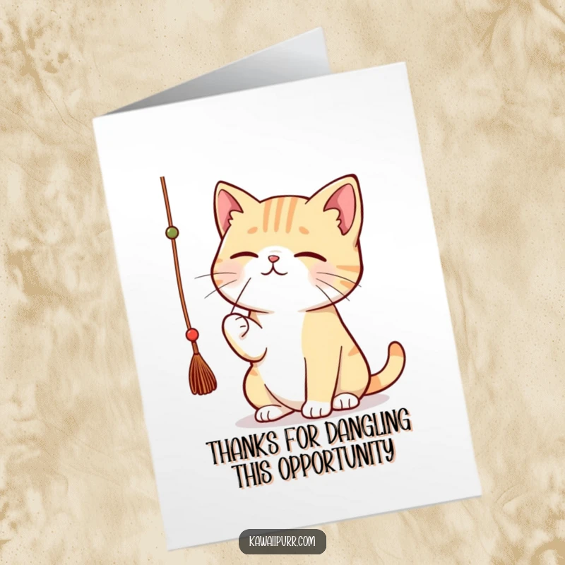 Funny Free Printable Thank You Card: A kawaii cat batting intently at a dangling string with serious concentration.