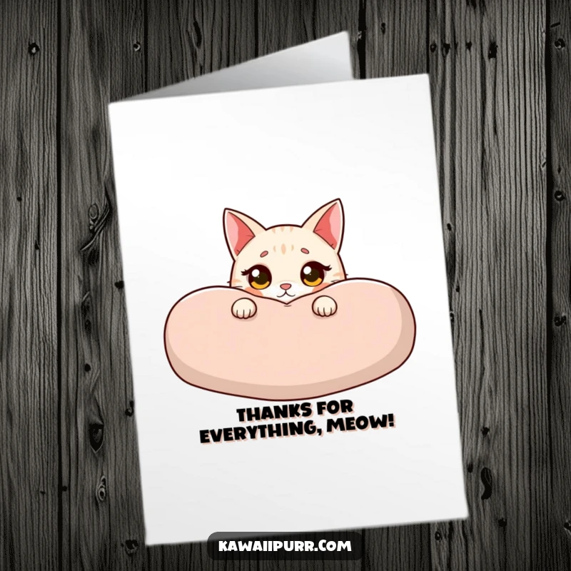 Funny Free Printable Thank You Card: Cat peeking innocently from cushion, wide eyes, slight blush, a sweet downloadable for thanks.