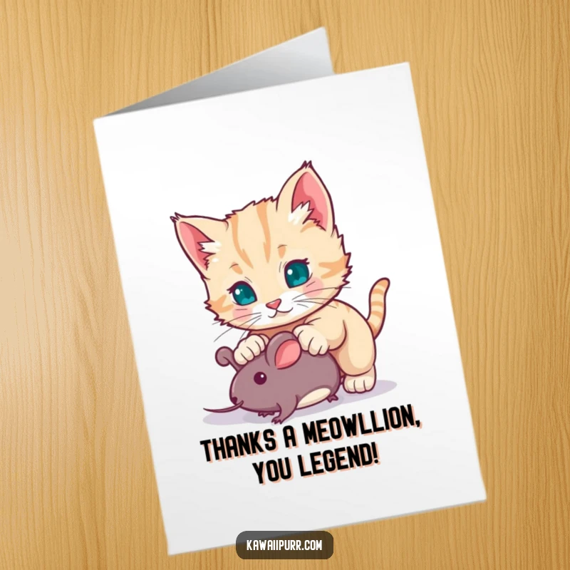Funny Free Printable Thank You Card: A cute kitten executes a thrilling pounce, expressing gratitude with energetic feline flair.