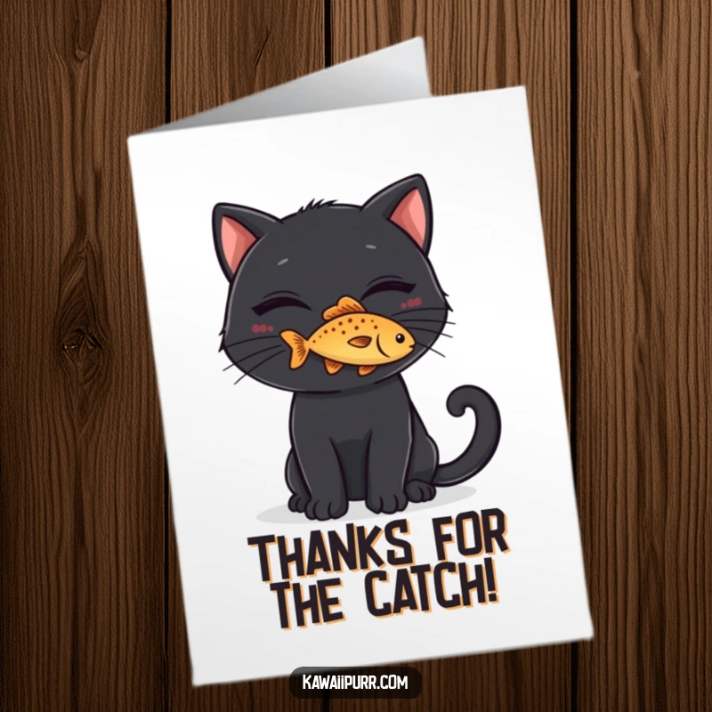 Funny Free Printable Thank You Card: A black cat with a sly grin balances a tiny fish on its nose.