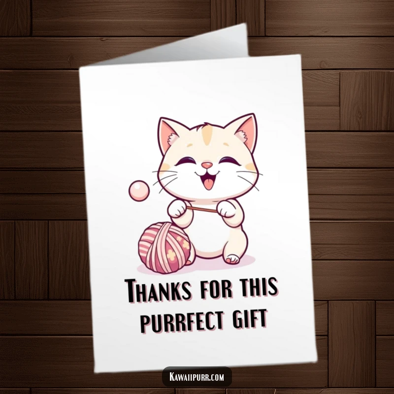 Funny Free Printable Thank You Card: A kawaii cat excitedly batting a bouncy ball of yarn with pure joy.