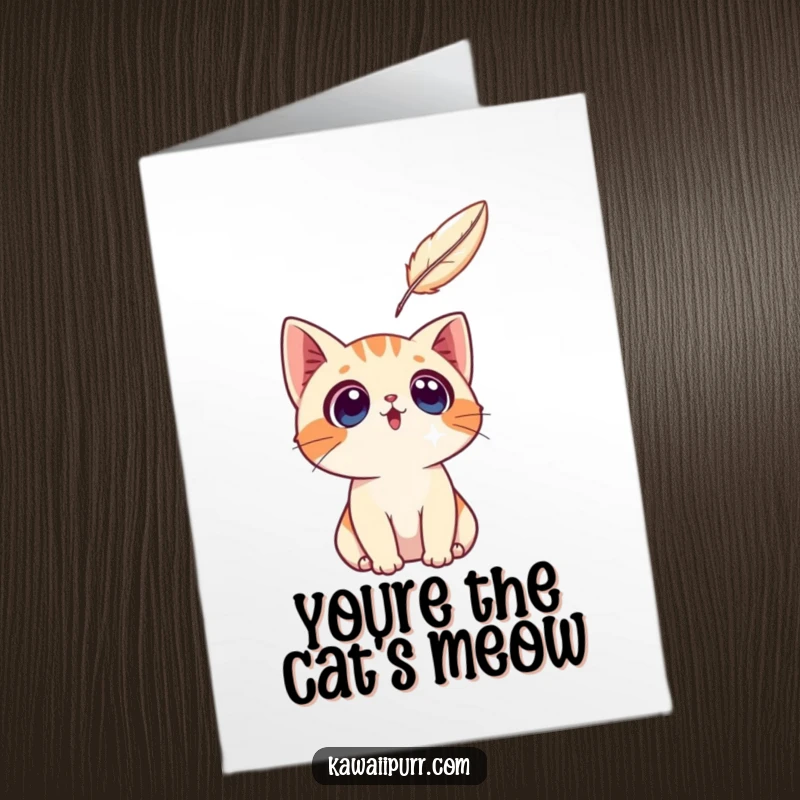 Funny Free Printable Thank You Card: A surprised cat character gazing up at a floating feather.