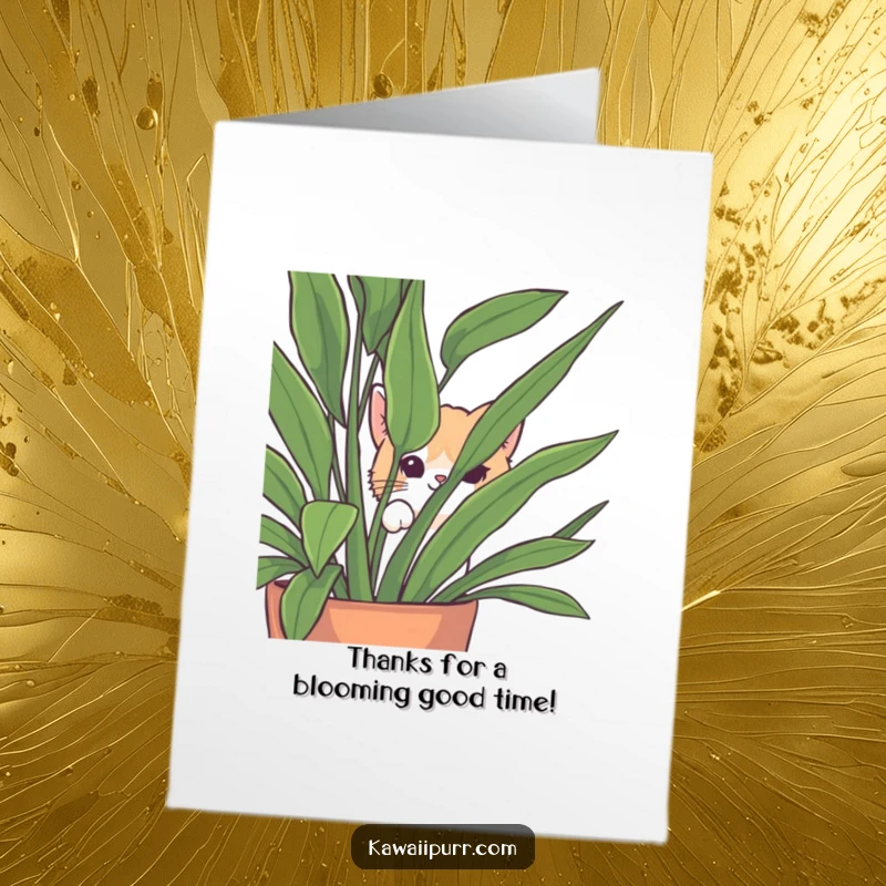 Funny Free Printable Thank You Card: Cat peeking from behind a houseplant, an adorable and humorous way to say thanks.