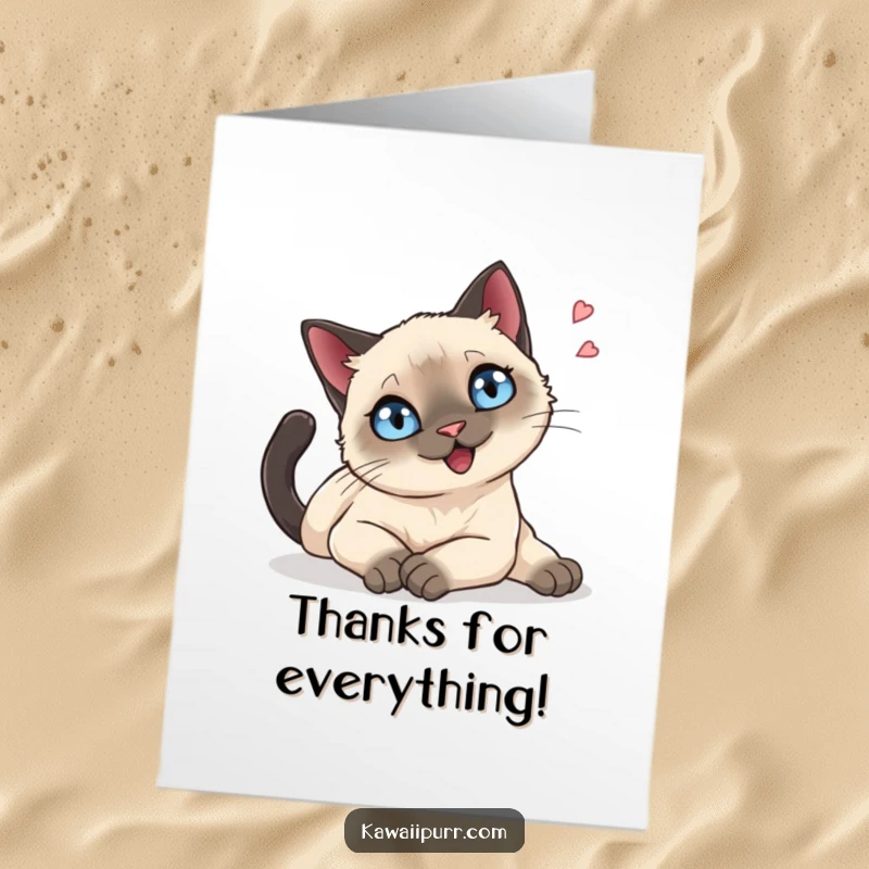 Funny Free Printable Thank You Card: A Siamese cat with sparkling blue eyes stretches languidly, sighing happily.