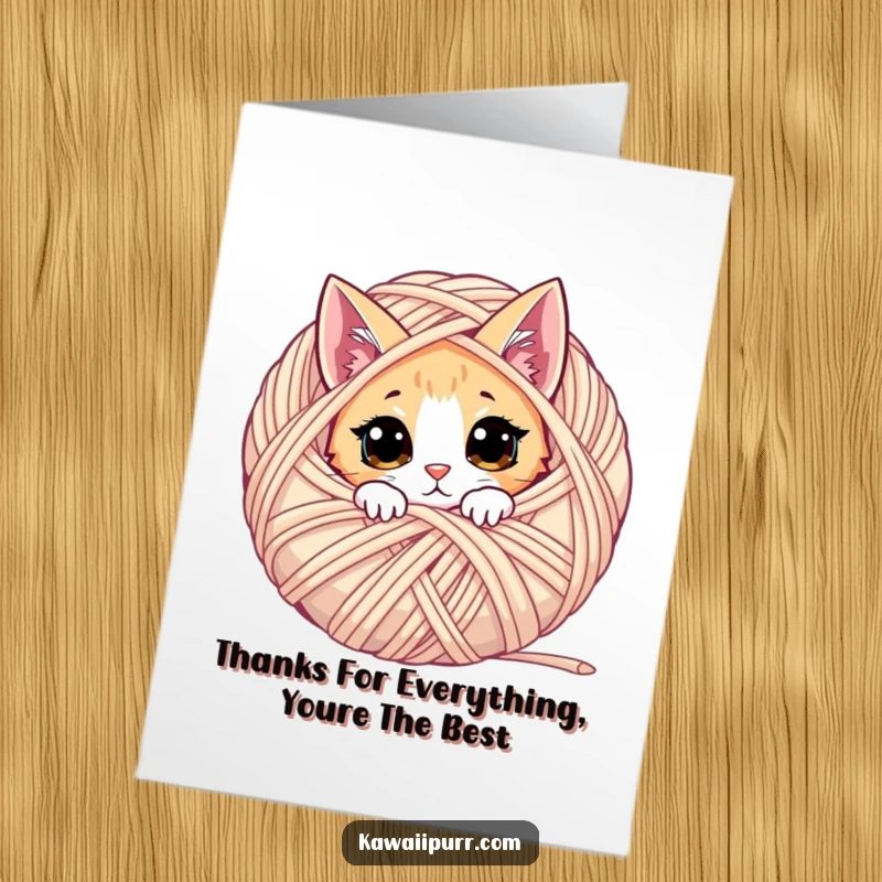 Funny Free Printable Thank You Card: A playful cat peeking from a yarn ball, perfect for expressing thanks.