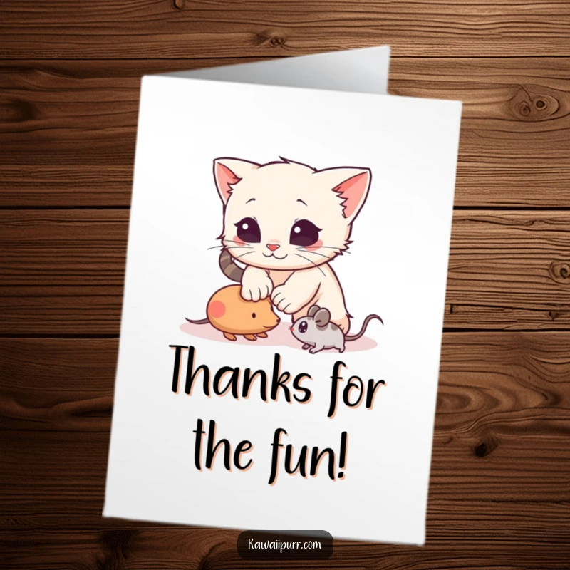 Funny Free Printable Thank You Card: A kitten engaged in a playful pounce on a toy mouse.