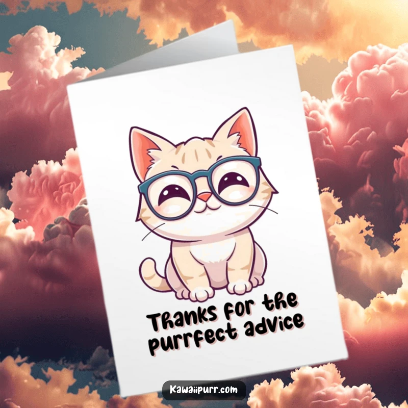 Funny Free Printable Thank You Card: A kawaii cat wearing large spectacles and wiggling its ears, looking scholarly.