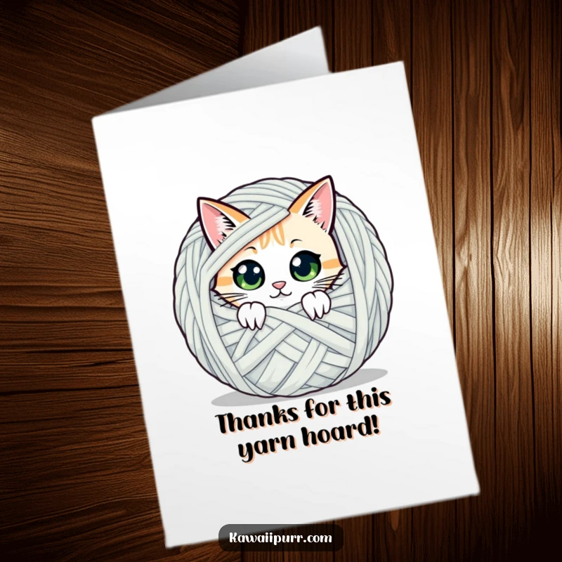 Funny Free Printable Thank You Card: Cat character peeking with wide eyes from behind a giant ball of yarn, expressing thanks playfully.