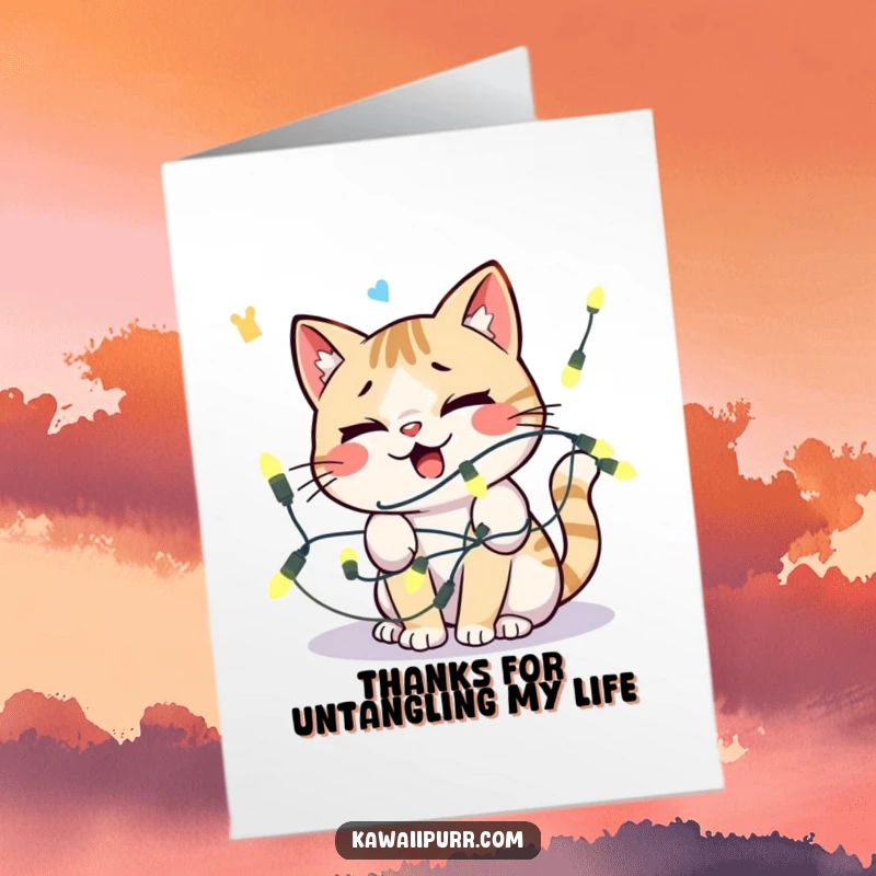 Funny Free Printable Thank You Card: Kawaii cat looking flustered while caught in a string of lights.