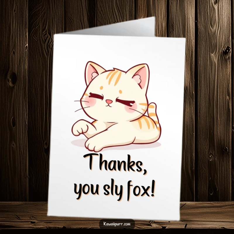 Funny Free Printable Thank You Card: A stretching Kawaii cat shares a mischievous wink, sending playful thanks.