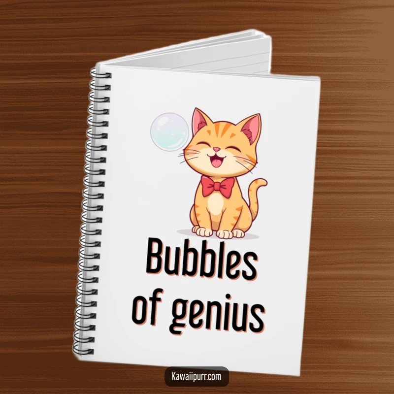 Funny notebook with a ginger cat in a bowtie joyfully batting at a floating bubble, perfect for jotting notes.