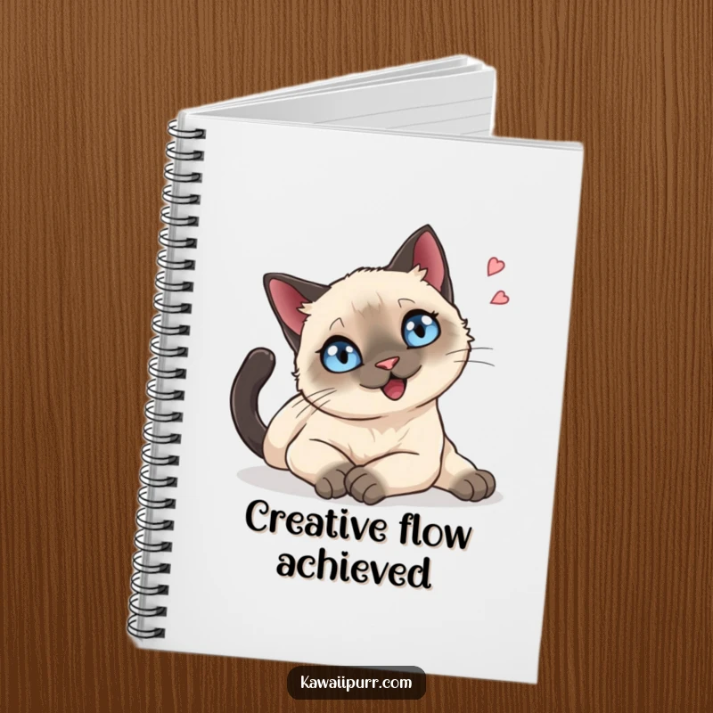 Funny Notebook: A Siamese cat with sparkling blue eyes stretching languidly with a happy sigh, perfect for jotting down ideas.