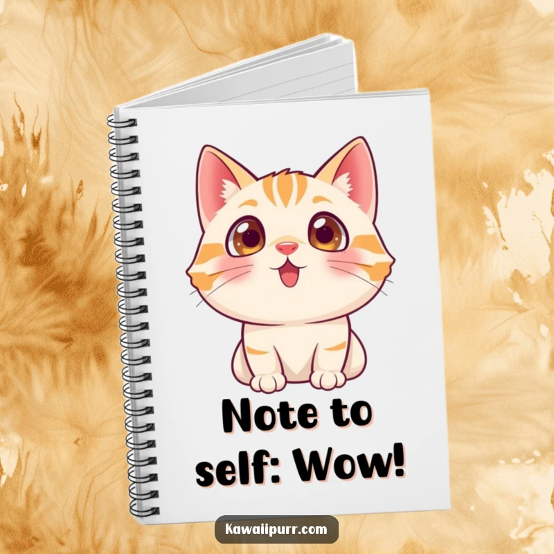 Funny cat character with wide, excited eyes looking up, symbolizing curiosity on a lined notebook.