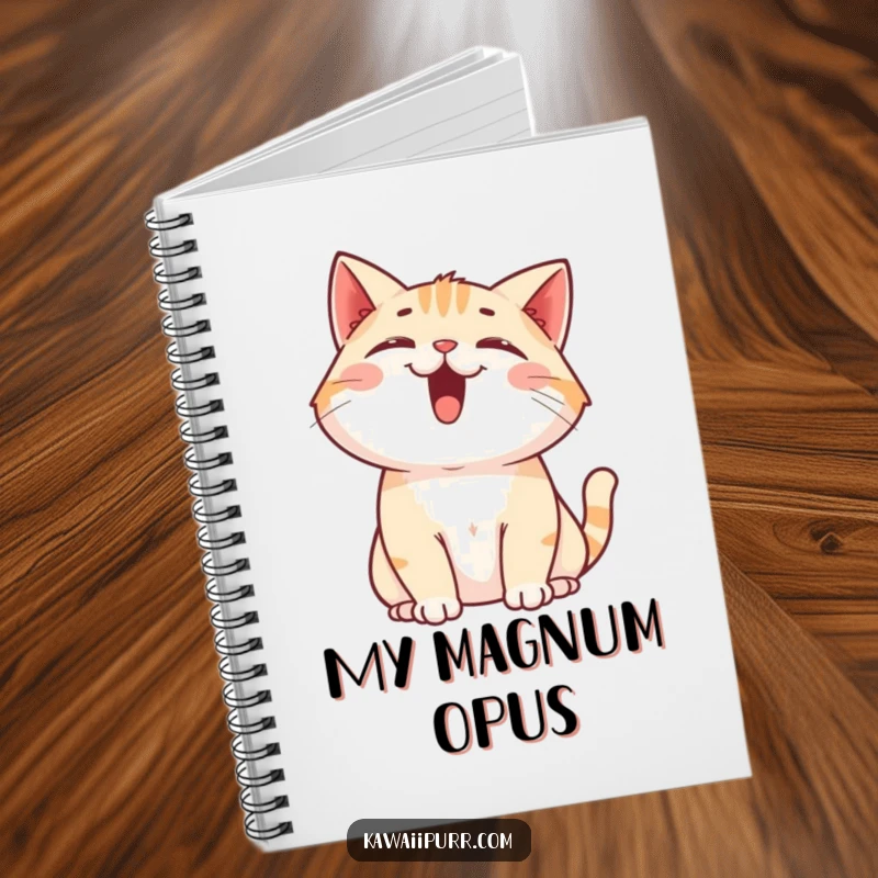 Funny Cat Notebook: A notebook cover featuring a happy cat character meowing upwards with its mouth open and ears forward.