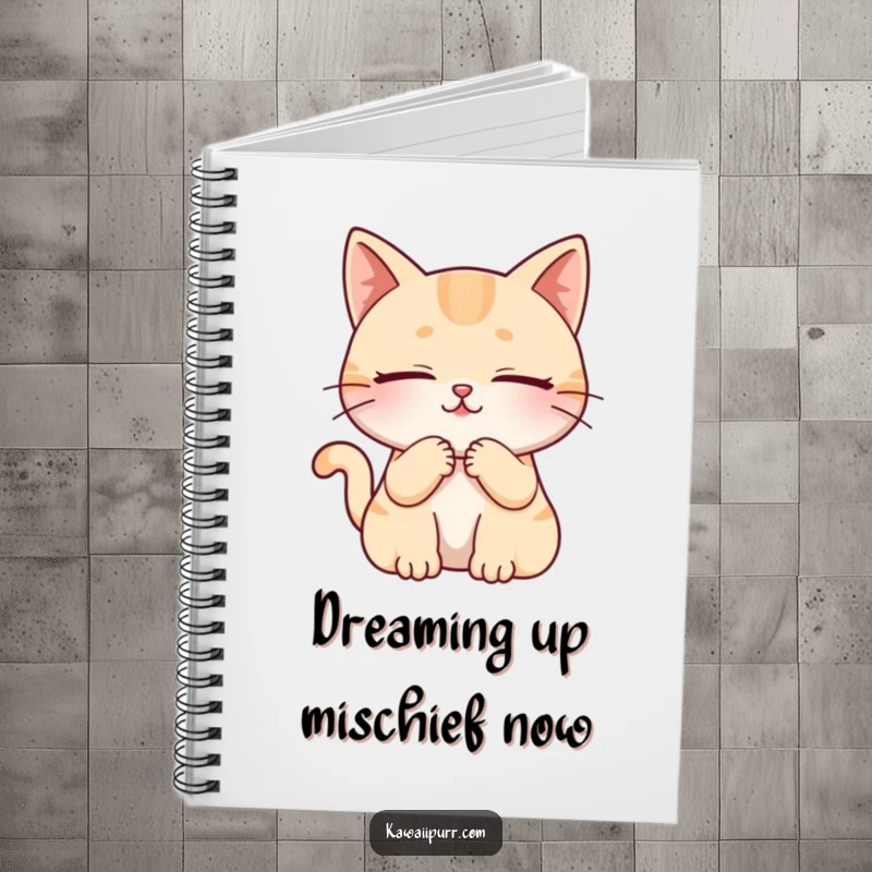 Funny cat character purring peacefully with closed eyes, adorning the cover of a lined notebook.