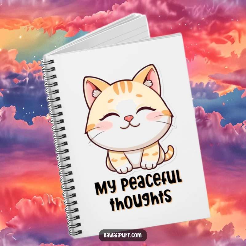 Funny notebook with a smiling, purring cat character, eyes closed, perfect for capturing thoughts.