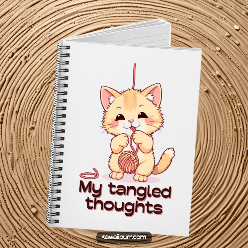 Funny fuzzy cat notebook, playfully batting at a ball of yarn, perfect for journaling and creative writing.