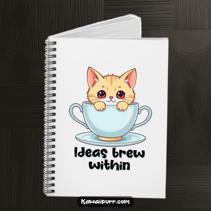 Funny kawaii cat peeking from behind a large teacup, a cute and functional notebook for creative minds.