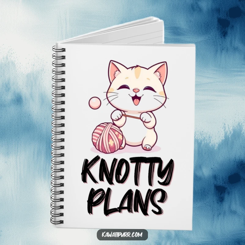 Funny kawaii cat excitedly batting a bouncing ball of yarn, writing in a notebook.